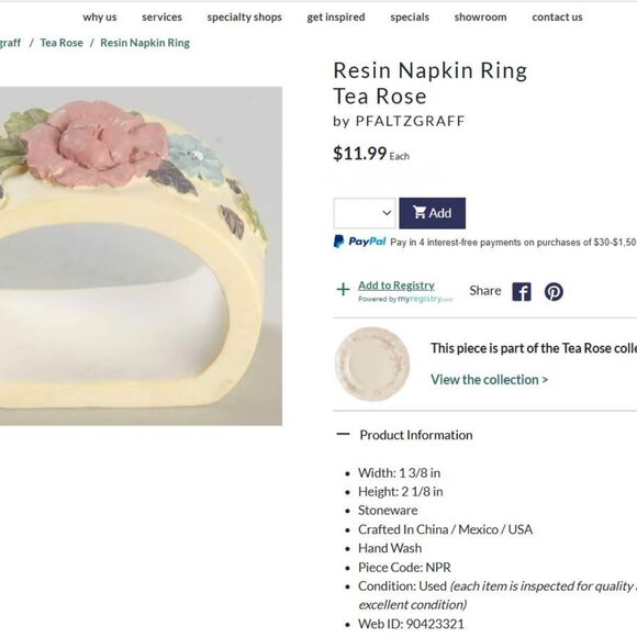 Vintage Napkin Rings Set of 8 Floral Pfaltzgraff in Floral Tea Rose - Picture 3 of 8